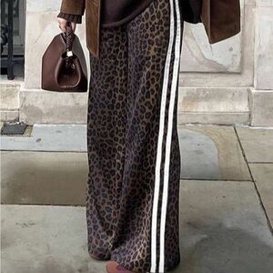 Leopard Print Satin Pants with Stripes